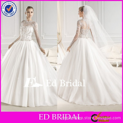 MG244 Luxury White Illusion Bateau Neckline Long Sleeve Heavy Beaded Covered Low Back Floor Length Dubai Muslim Wedding Dress